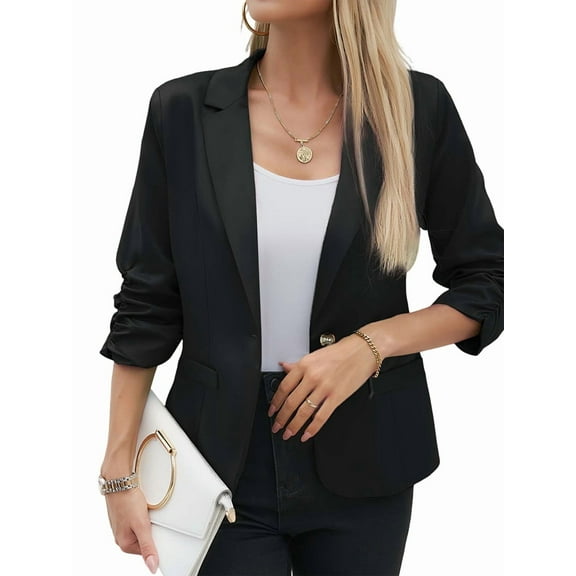 2025 Summer Linen Women 3/4 Stretchy Ruched Sleeve Fully-Lined Casual Work Jacket with Pockets Black S