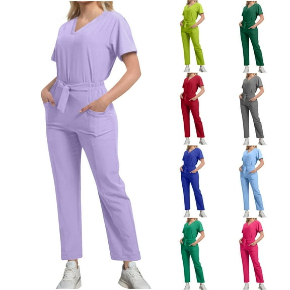 ZZwxWA Scrubs for Women Set 2 Piece Nurse Uniform Short Sleeve V Neck Tie Waisted Tops Straight Leg Pants Medical Workwear Solid Color