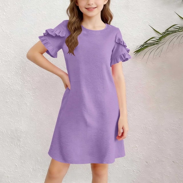EGNMCR Robe Unie à Manches Courtes et Col Rond pour Enfants, Jupe Décontractée Confortable pour Filles, Polyester