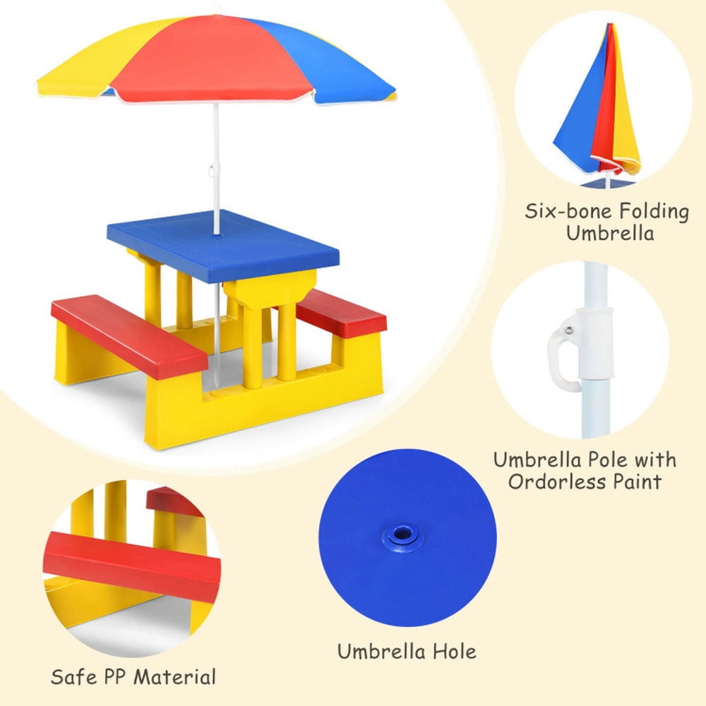 Spaco Kids Picnic Folding Table and Bench with Umbrella-Yellow, Toddler Table and Chair Set for Arts & Crafts, Snack Time, Homeschooling, Homework