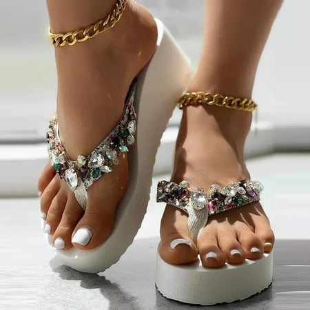 

Womens Comfortable Wedge Sandals- Clip-Toe Thick Sole Rhinestone Casual Sandals Beige Size 9