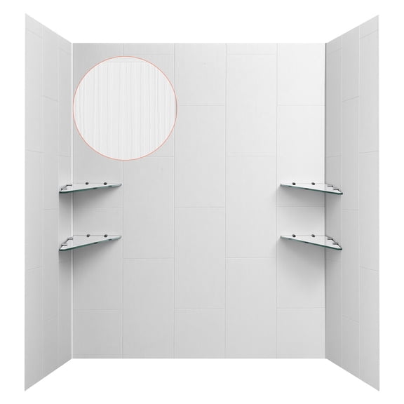 KFFKFF Waterproof Shower Wall Panels, 60" W x 36" D x 75" H, 0.14" (3.5 mm) Thick, 3-Panel Bathroom Surround Kit, Easy Installation and Adjustable Tub Wall Panels with 4 Glass Shelves