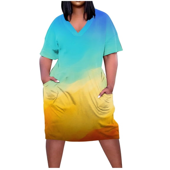 gakvbuo Plus Size Dress For Women Plus Size Dress For Women V Neck Summer Casual Sundresses Pocket Knee Short Sleeve With Pockets