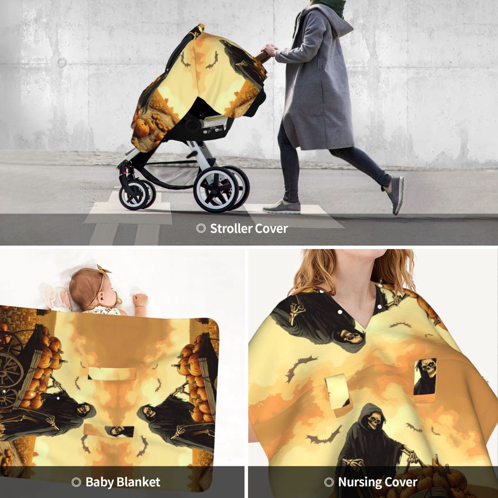 Car Seat Cover Baby - Halloween Rice Field Pumpkin Skull Breathable Infant Car Seat Cover for Baby Carseat, Lightweight Comfort Baby Essentials Must Haves Newborn Stuff for Girl Boy