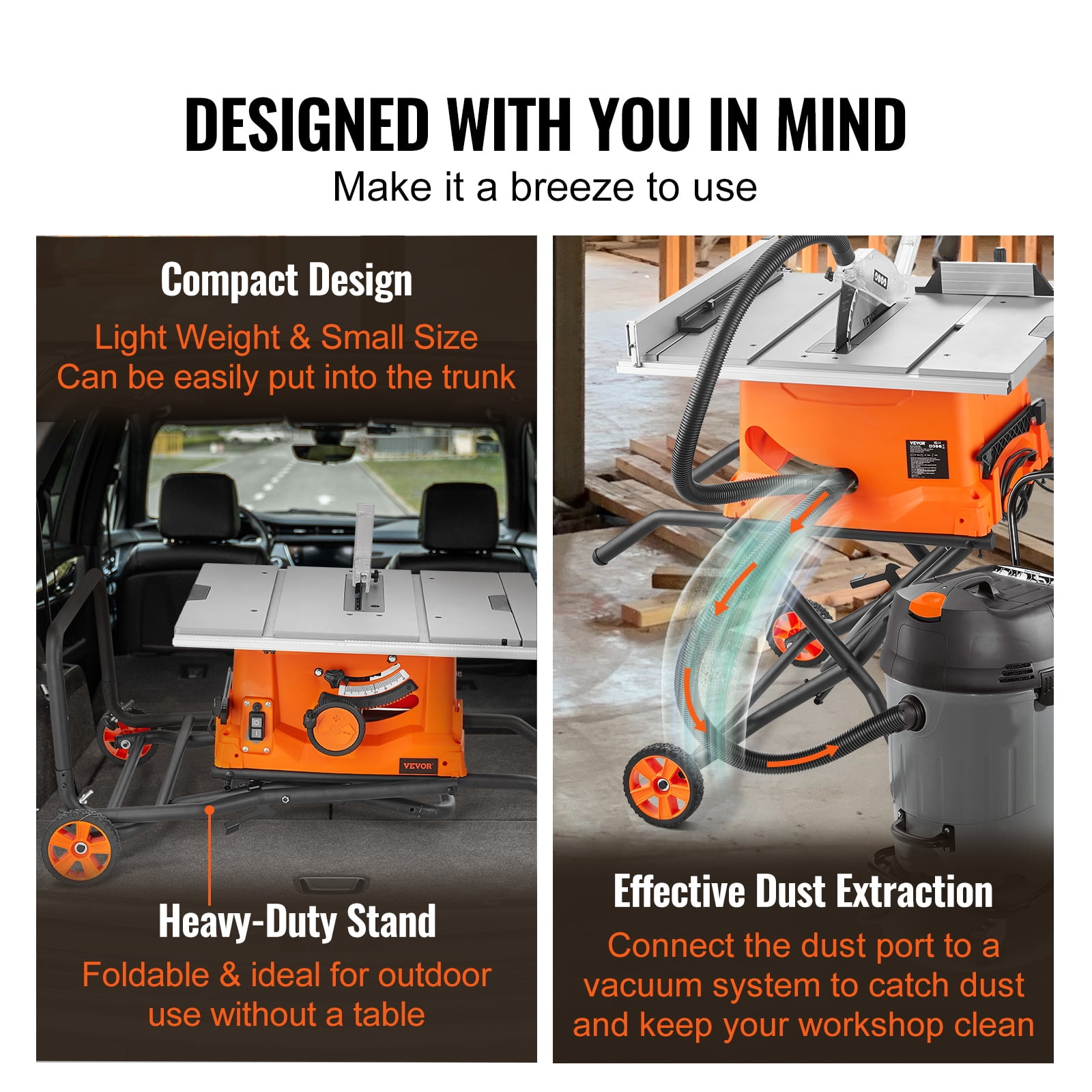 VEVOR Table Saw with Stand, 10-inch 15-Amp, Max Rip 25-in, Speed to 5000RPM, 40T Blade, Compact Portable Jobsite Saw with Sliding Miter for Wood & Furniture Crafting