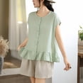 thumbnail image 4 of FRSASU Womens Ruffle Hem Shirts Short Sleeve Peplum Cardigans Crew Neck Button Cotton Linen Tops Mint Green, 4 of 9