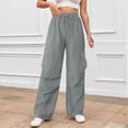 thumbnail image 2 of vigerkar Cargo Pants High for Women Waisted Wide Leg Trousers Elastic Waist Stretch Drawstring Casual Pants with Pockets Grey, M, 2 of 5