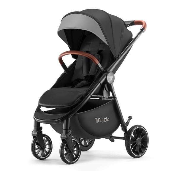 Luxury Foldable Baby Stroller for Toddler with UPF 50 Canopy, Leather Handle, Black
