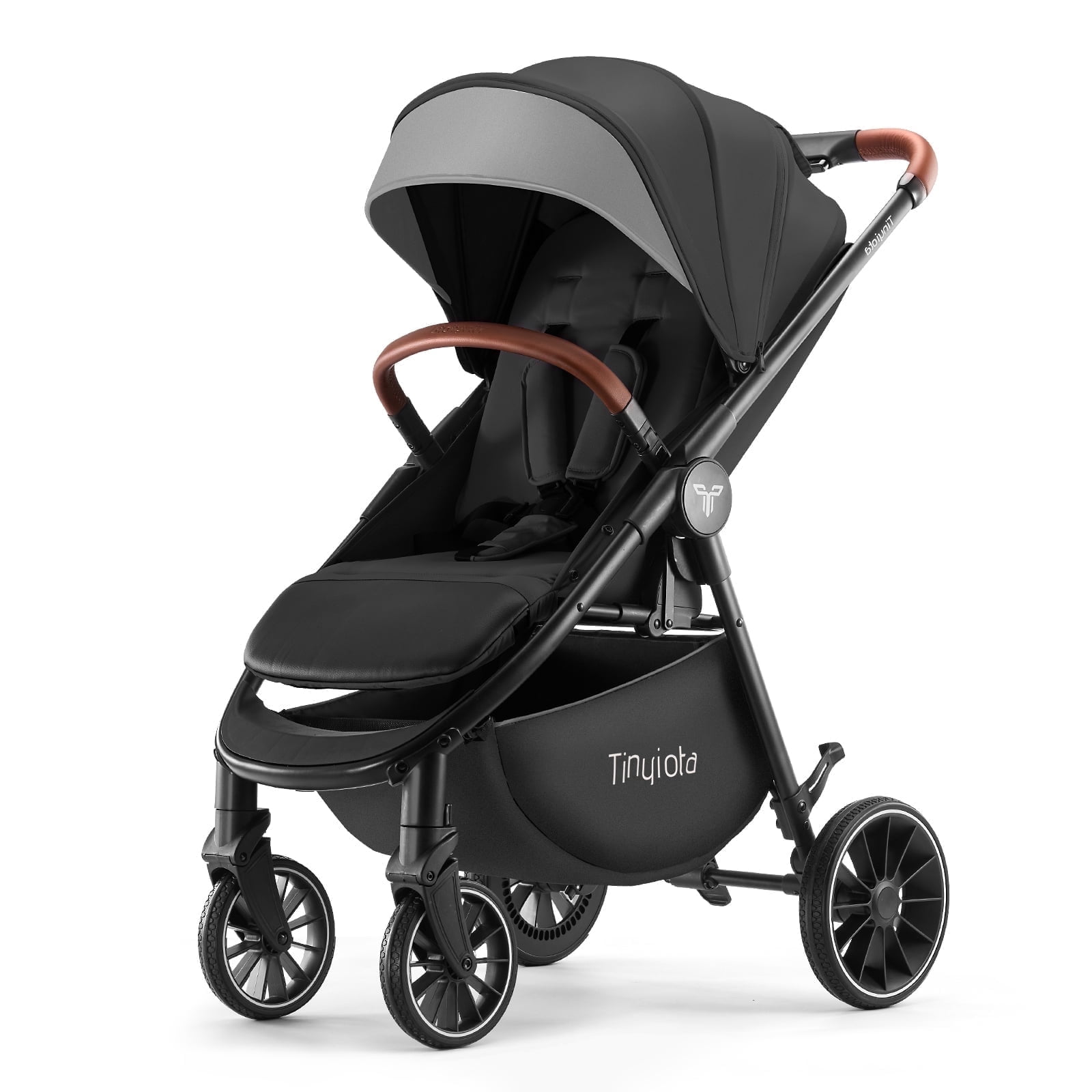 Luxury Foldable Baby Stroller for Toddler with UPF 50+ Canopy, Leather Handle, Black