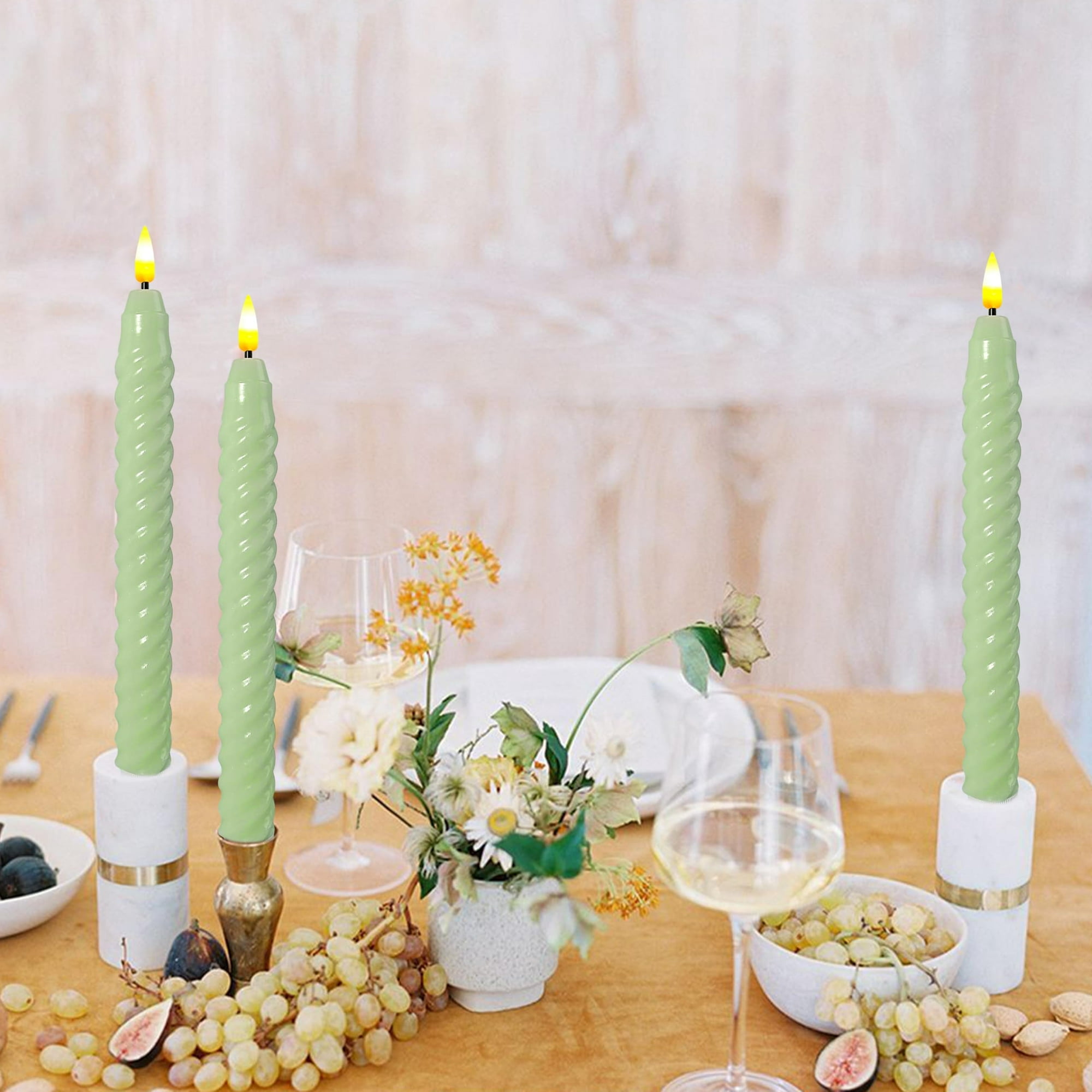 Green Spiral Flameless Taper Candles, 9.8 Inch Flickering Candles with Remote and Timer, Real Wax Candlesticks LED Battery Operated 3D Wick for Wedding Party Home Decor