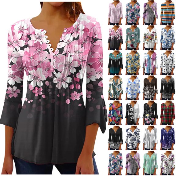 JTZGDY Fall 3/4 Flared Sleeve Tops for Women Lightweight Casual Floral Printed Half Button V Neck Henley Shirts Loose Flowy Cozy Ruched Pleated Tunic Blouse