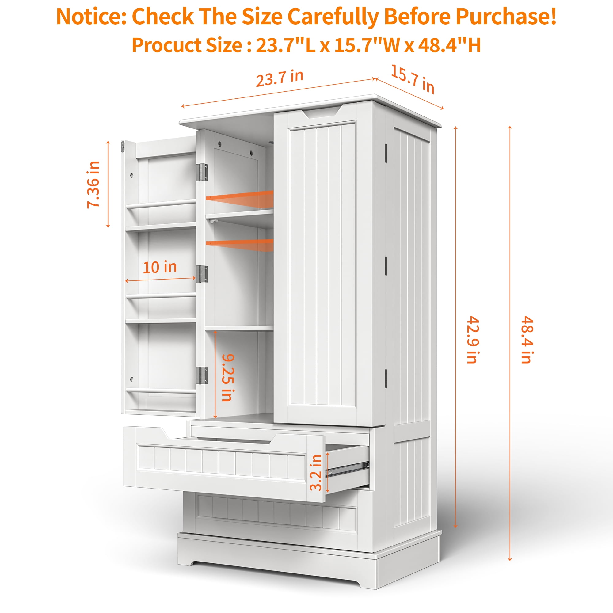 47" H Kitchen Pantry Cabinet with 2 Doors, 2 Drawers and 8 Shelves, Solid Wood Storage Cabinet in White