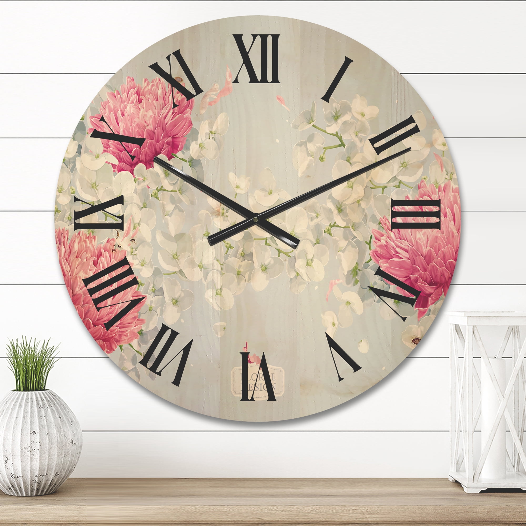 Designart 'Apple Blossom and Chrysanthemums' Traditional Wood Wall Clock