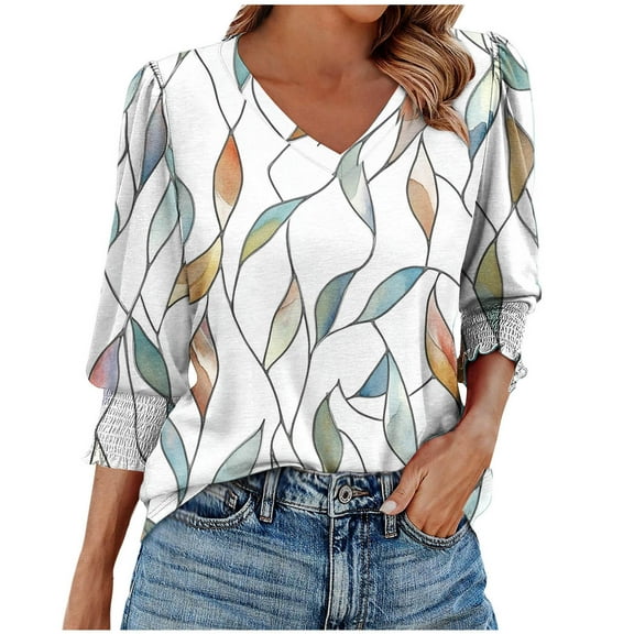 Simua Womens Fashion 3/4 Length Sleeve Smocked Cuffs Tops Floral Printed V Neck Loose Blouse Tunic T-shirt
