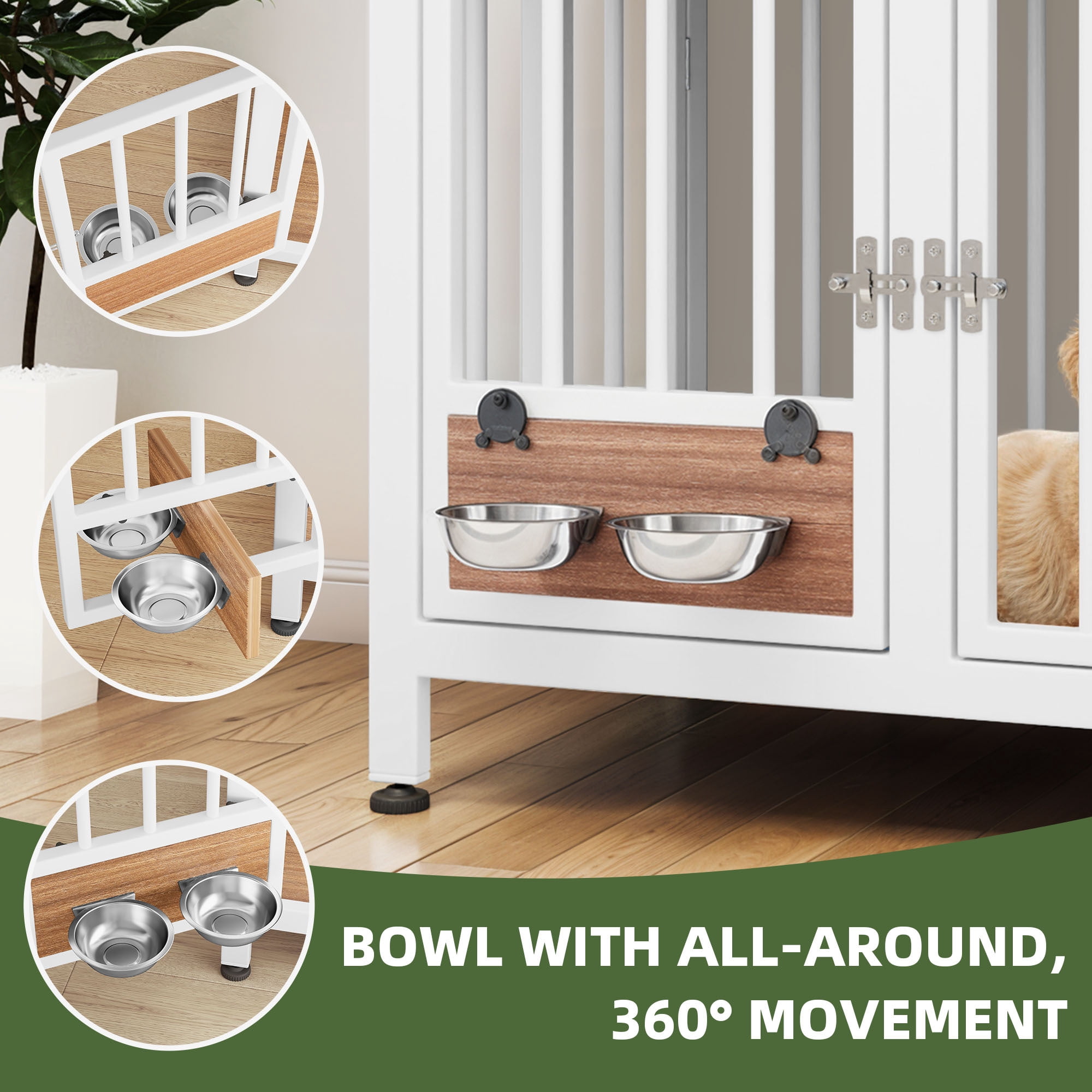 Uforic 33" Foldable Wooden Indoor Dog Cage Table with 360° Rotatable Bowls& Adjustable Feet, White&Brown