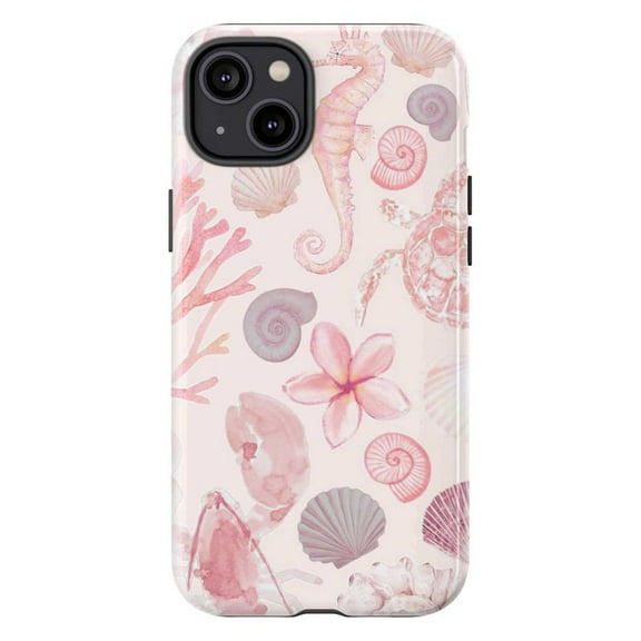 Minimalist Ocean Pastel Phone Case, Delicate Seashell & Floral Design in Watercolor Style Phone Case, Fits iPhone 16 15 14 13 12 11 Pro Max Mini