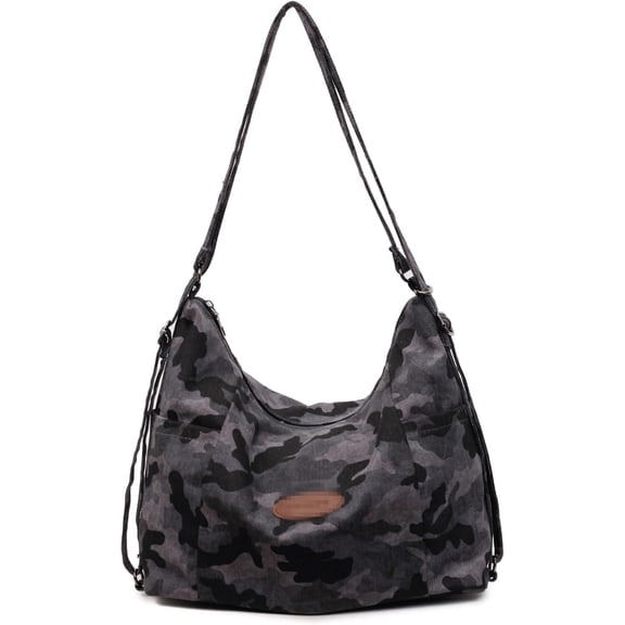 Sunyuer Camouflage Hobo Tote Bag for Women, Large Capacity Canvas Shoulder Bag, Adjustable Strap Multi‑Pocket Casual Crossbody Hobo Purse for Daily Travel Work