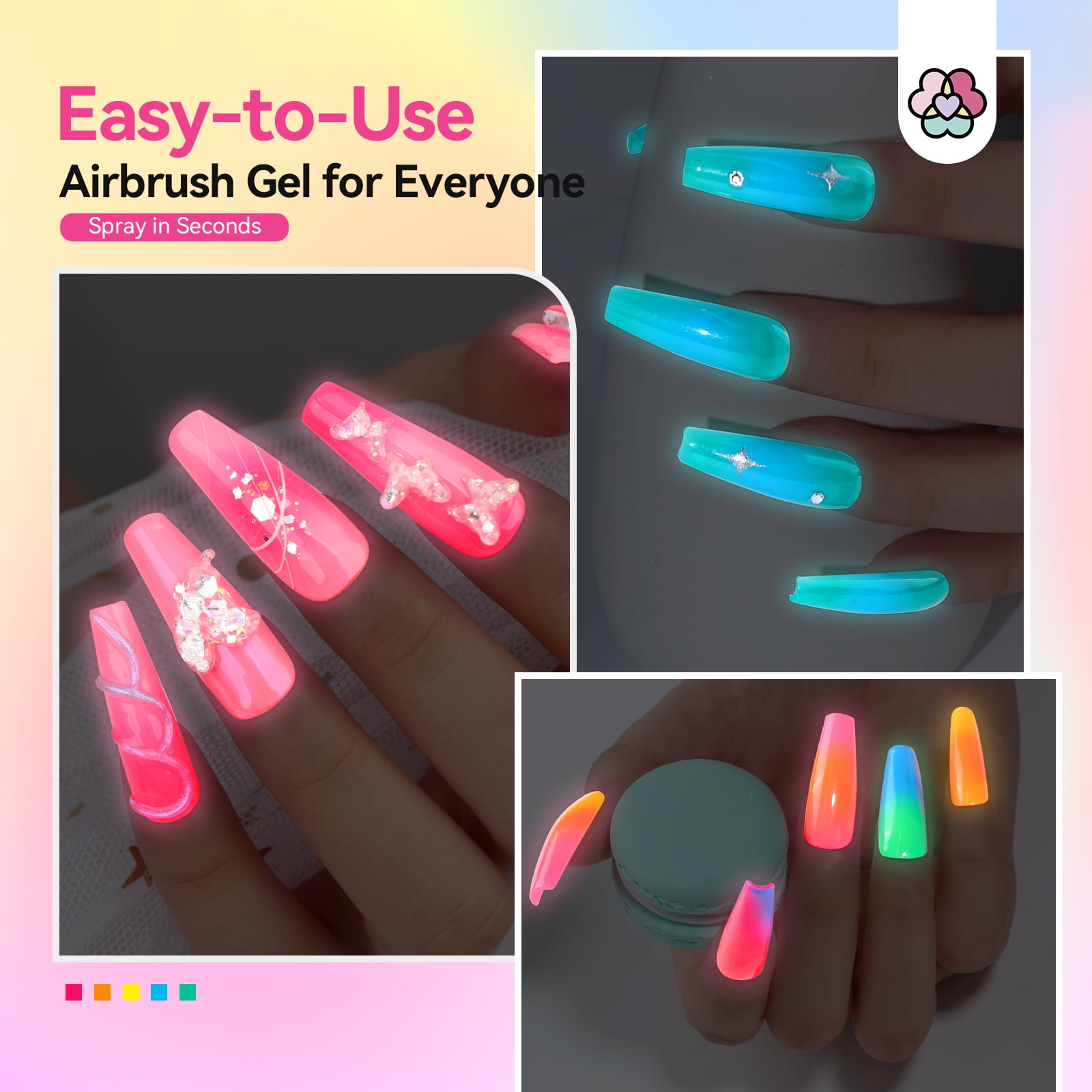 SAVILAND Airbrush Gel Nail Polish: No Dilution Fluorescent Airbrush Nail Polish Shine All Night Long, 12 Colors Glows in The Dark for Nails French Manicure DIY Nail Salon, Gifts & Party & Bar Social