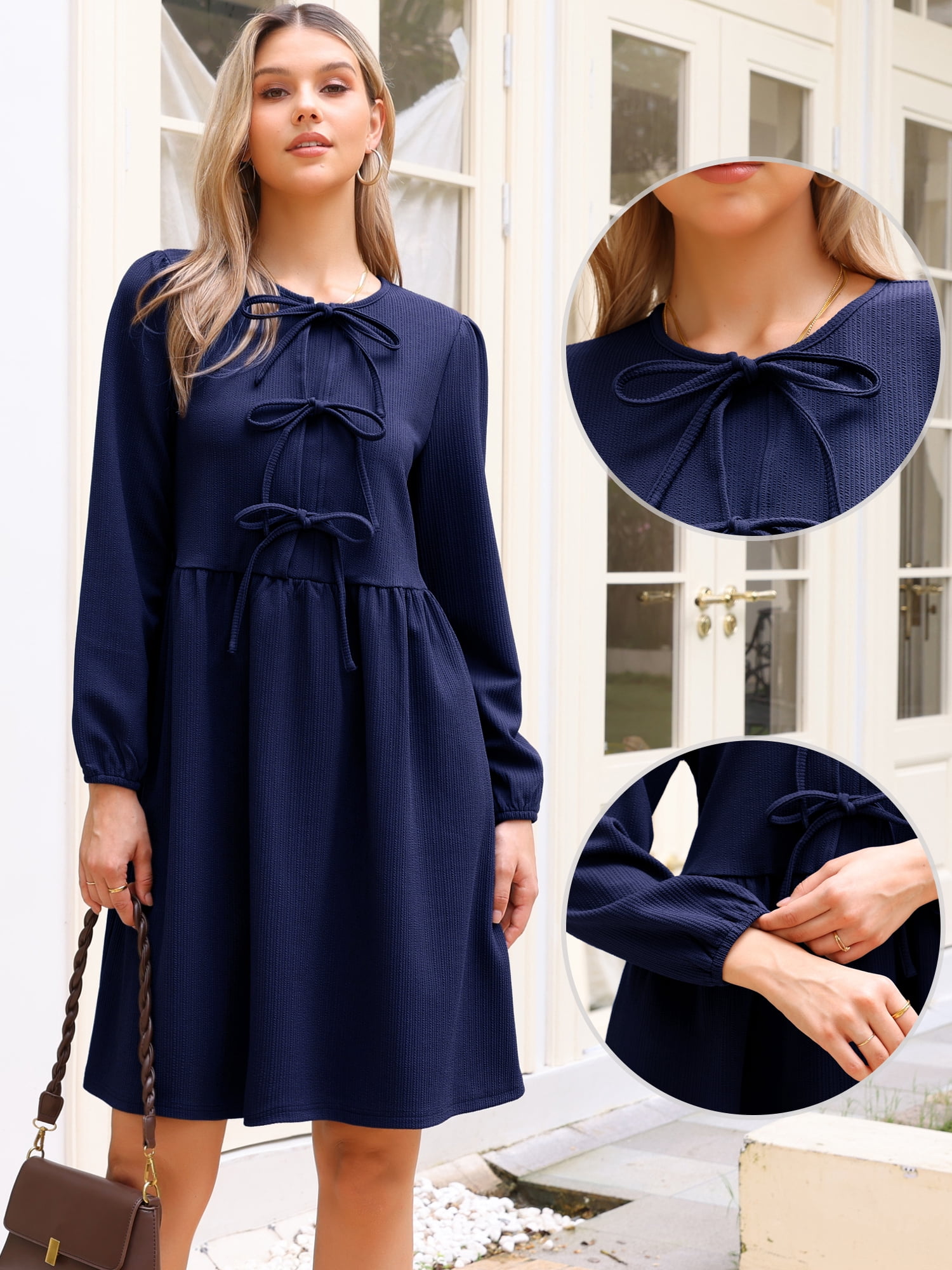 DARING DIVA Women's Fall Long Sleeve Bow Tie Front Cute Tunic Dress M Navy Blue