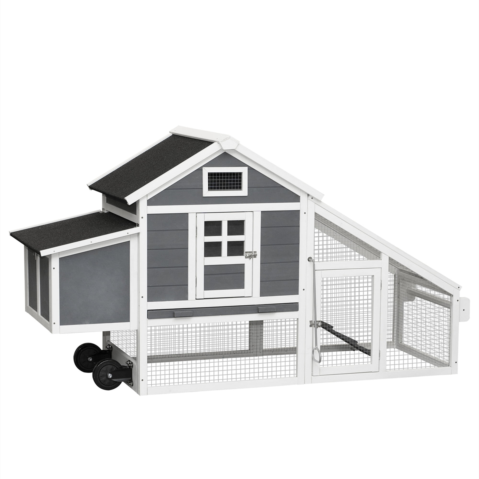 Aukfa 71" Chicken Coop Wooden Poultry Cage with Wheels & Nesting Box for Outdoor, Gray