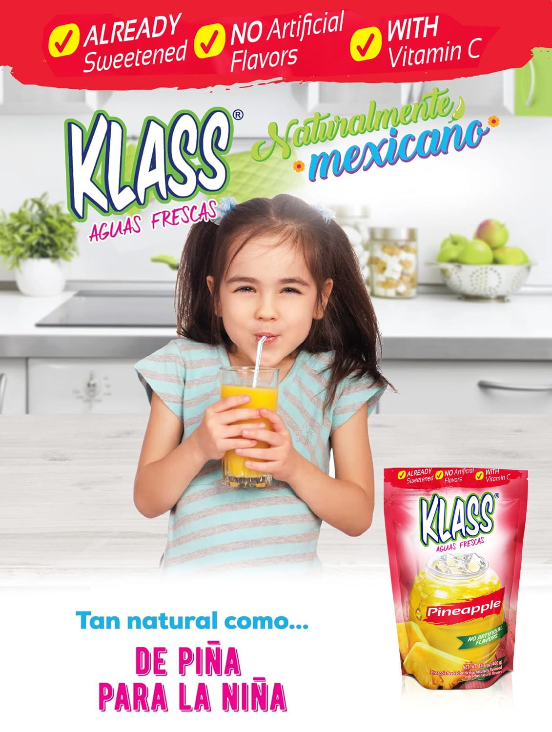 (3 pack) Klass Aguas Frescas Pineapple, with Vitamin C, Multiserve, Powdered Drink Mix, 14.1oz