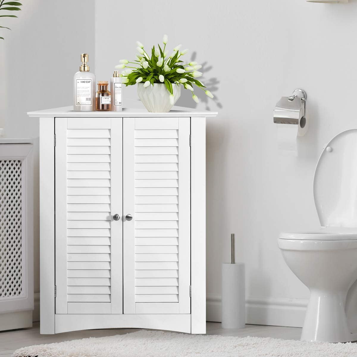 Giantex 3-Shelf Corner Cabinet, Freestanding Bathroom Floor Cabinet with Double Shutter Doors and Adjustable Shelf, Suitable for Bathroom, Living Room, Bedroom, Kitchen, 22 x 13 x 31.5 inches