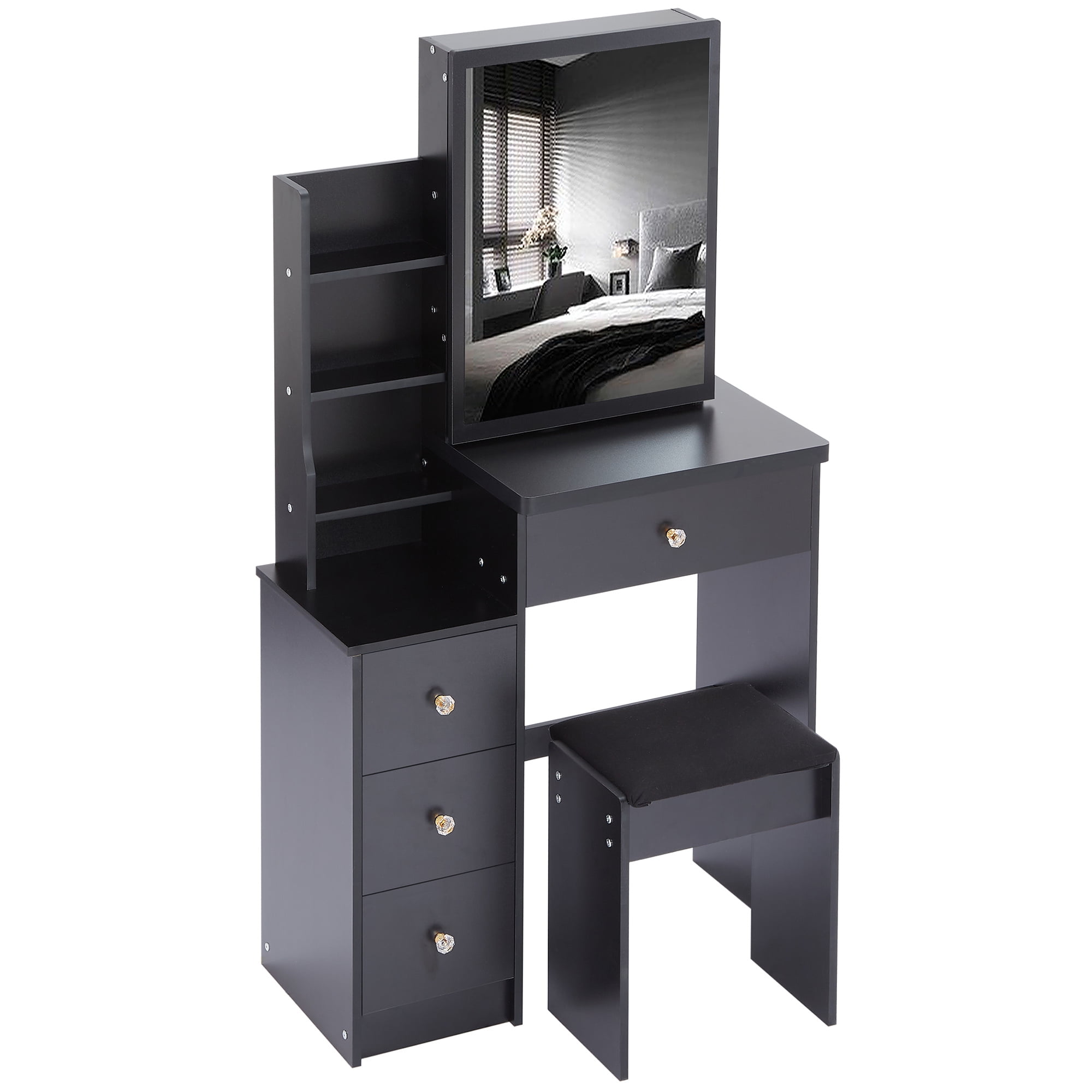 Bedside Cabinet Vanity Table + Cushioned Stool, Extra Large Sliding Mirror, Multi Layer, High Capacity Storage