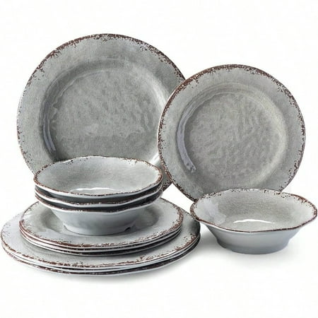 12 Piece Melamine Dinnerware Set Farmhouse Outdoor Dishes Set for 4 A Light Weight and Unbreakable Rustic Plate Bowl Set for Patio RV and Camping