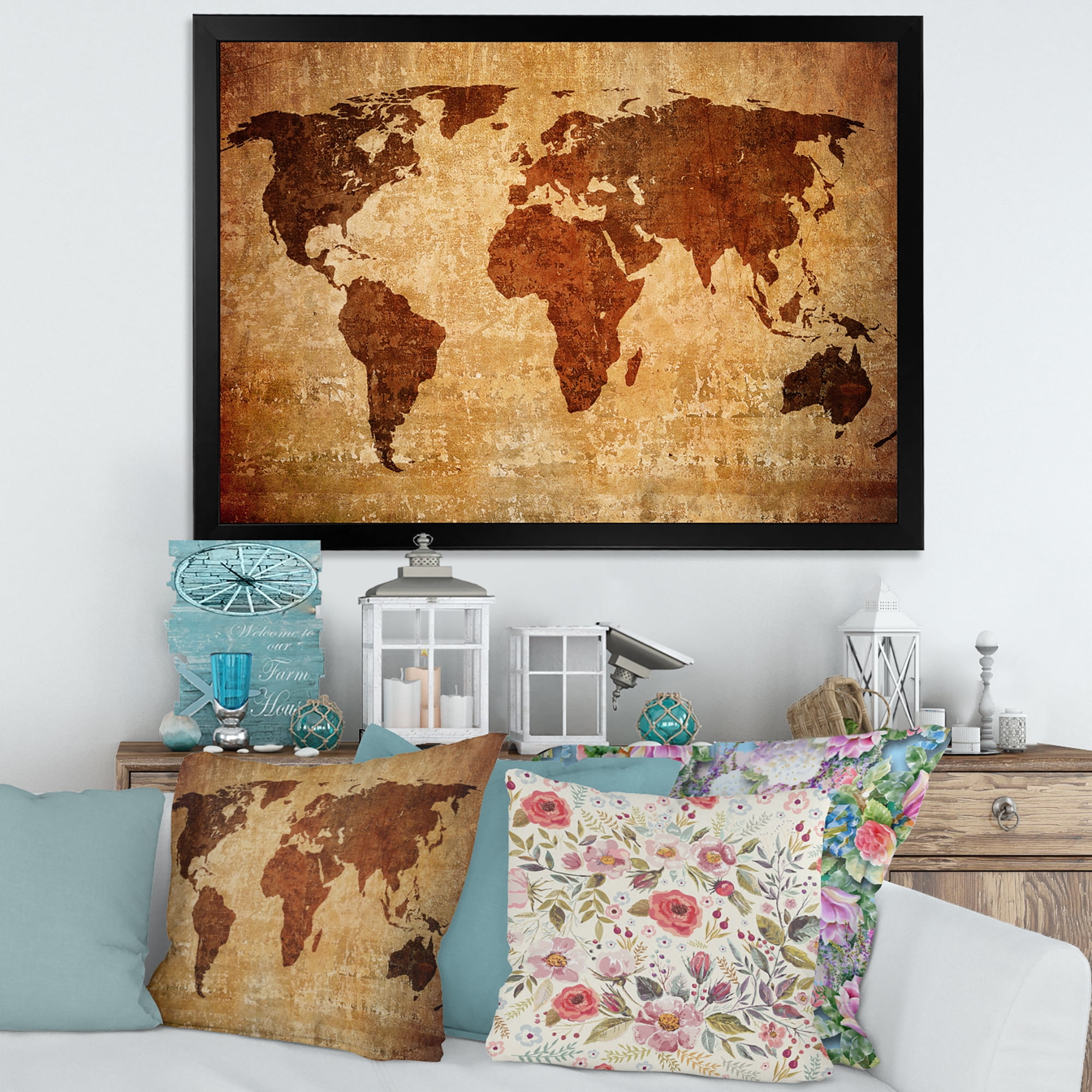Designart 'Ancient World Map XI' Vintage Framed Art Print
