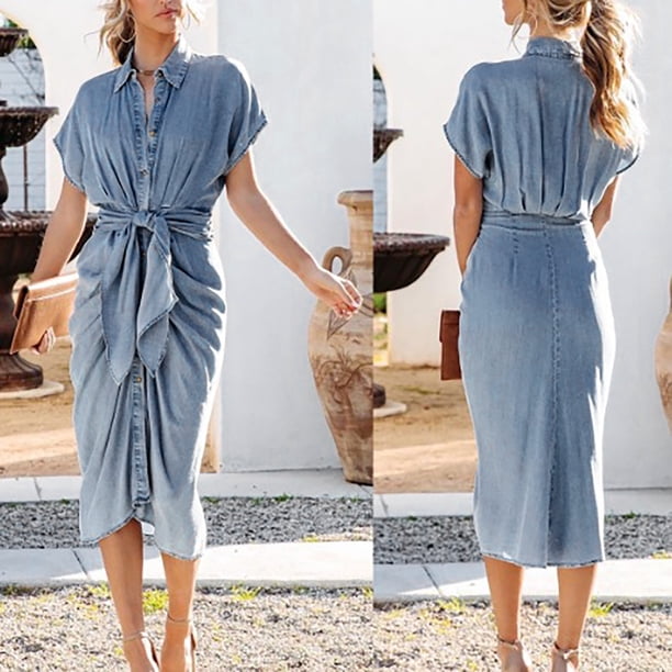 Puntoco Vestido De Manga Corta Con Cuello En V, Vestido De Mezclilla Con Cinturón Y Cintura Con Botones Y Solapa Con Cuello En V Para Mujer Azul Claro M