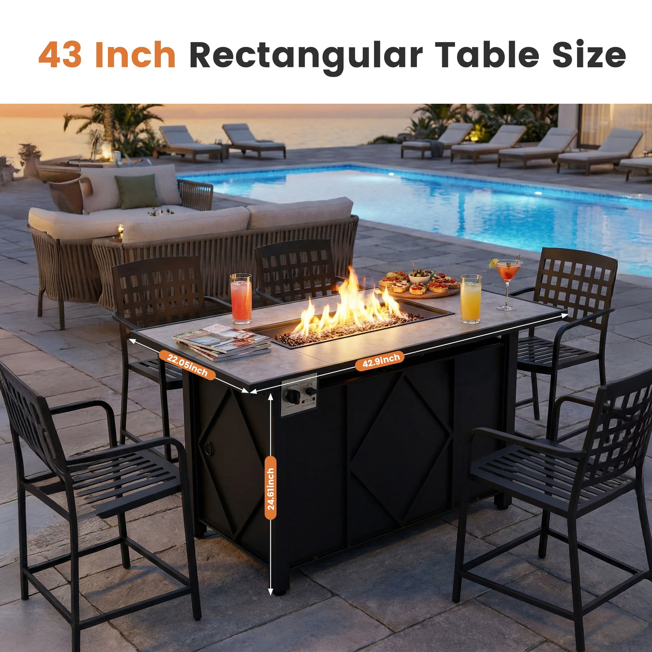 edx 43" Propane Fire Pit Table with Lid & Blue Glass Rock, 50,000 BTU Outdoor Rectangular Steel Gas Fire Pit with Waterproof Cover for Patio, Backyard and Deck, Black