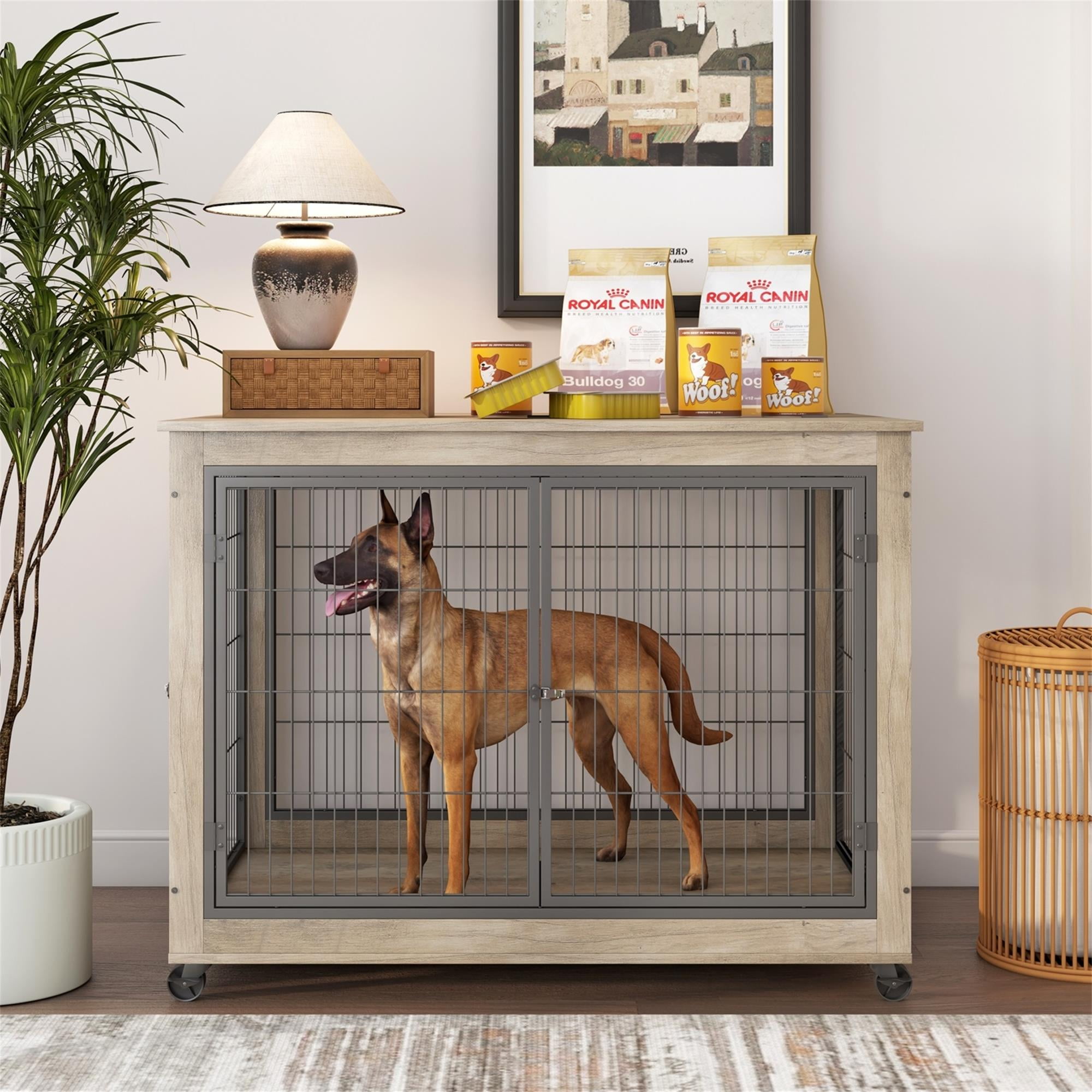 Pefilos 43" Wooden Dog Crates for Large Dogs Indoor Sliding Door Dog Cage Furniture with Wheels for Two Puppies Dog House, Gray Pefilos 43" Wooden Dog Crates for Large Dogs Indoor Sliding Door Dog Cage Furniture with Wheels for Two Puppies Dog House, Gray