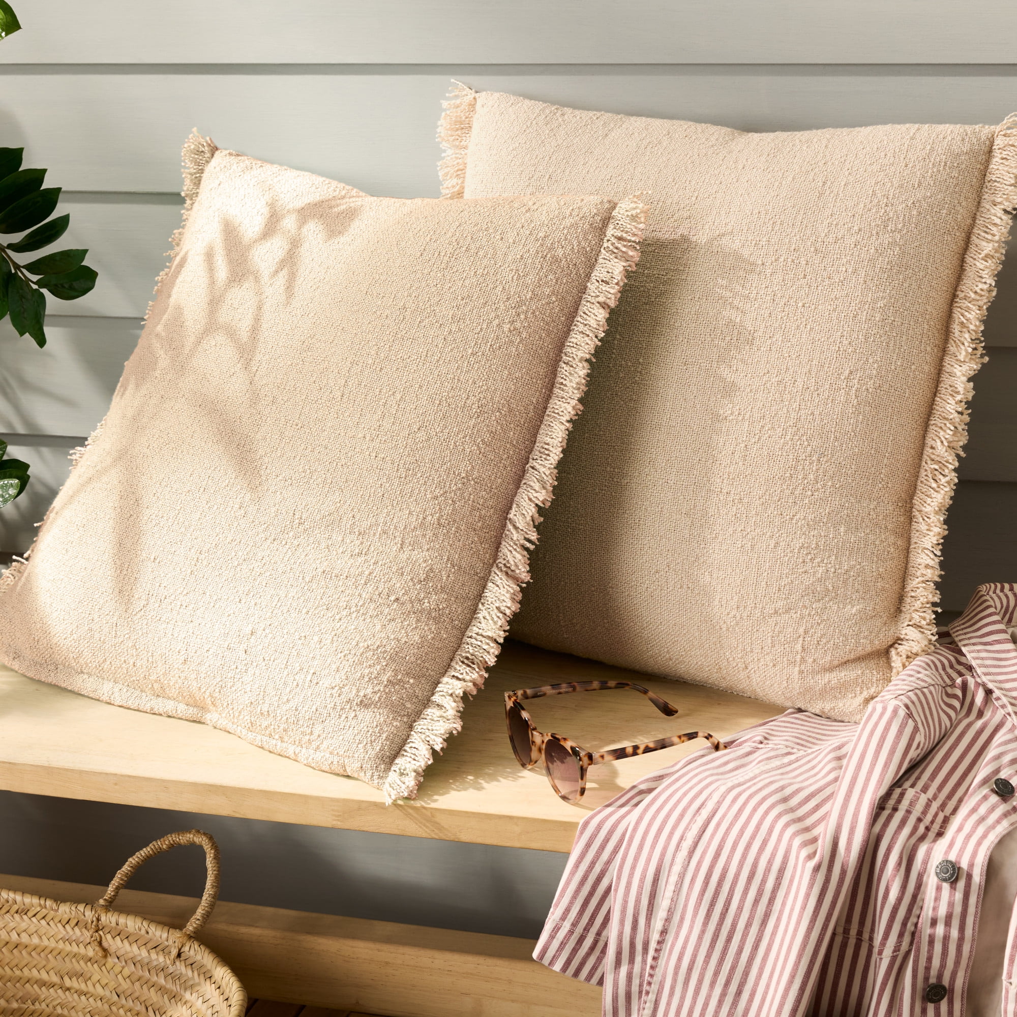 TOWN & COUNTRY EVERYDAY Rio Solid Fringe Handcrafted Indoor Outdoor Decorative Pillow 2-Pack Set, 100% Recycled Materials, UV Fade Resistant, Water Repellent, Beige 20"x20"