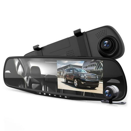 PYLE PLCMDVR49 - HD 1080p DVR Rearview Mirror Dash Cam Kit - Dual Camera Vehicle Video Recording System with Waterproof Backup Cam, 4.3’’ -inch Display
