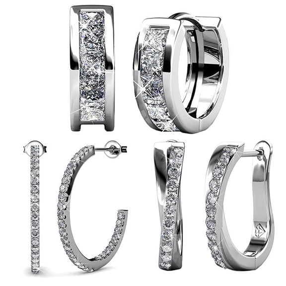 Cate & Chloe Pack of 3 - Giselle, Amaya & Rosalyn 18k White Gold Plated Hoop Earrings with Swarovski Crystals for Women