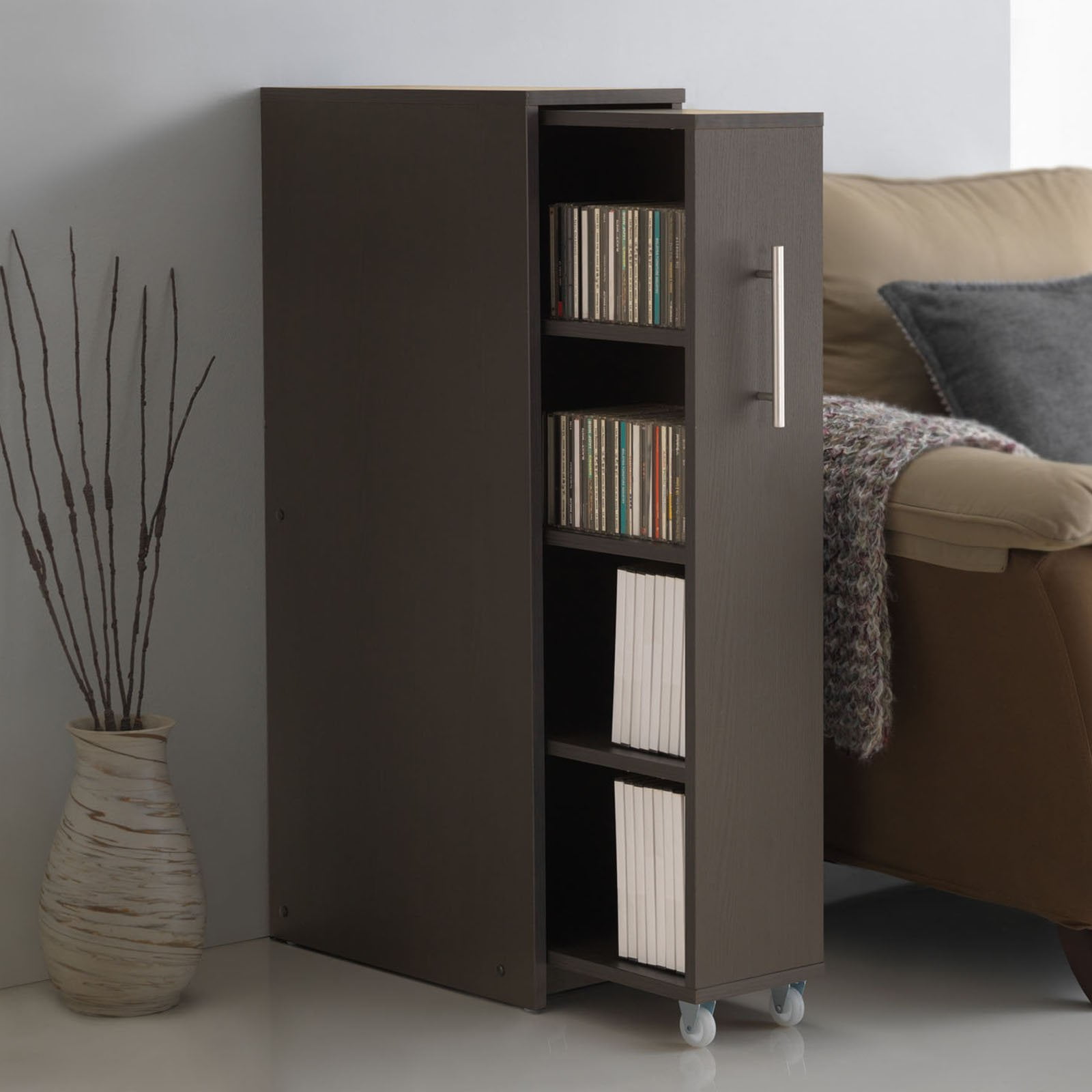 Lindo Wood Bookcase: Pulled-out Door, Media & DVD Storage, CD & Movie Shelf - Baxton Studio