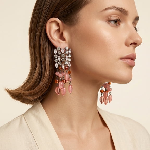 AEXTO Luxury Sparkling Top Cascading Pink & Bead Long Dangle Earrings - Vintage Glam Statement Jewelry for Weddings & Special Occasions