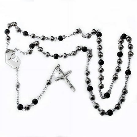 Rosary Beads Y Stainless Steel Necklace, Black and White Beads