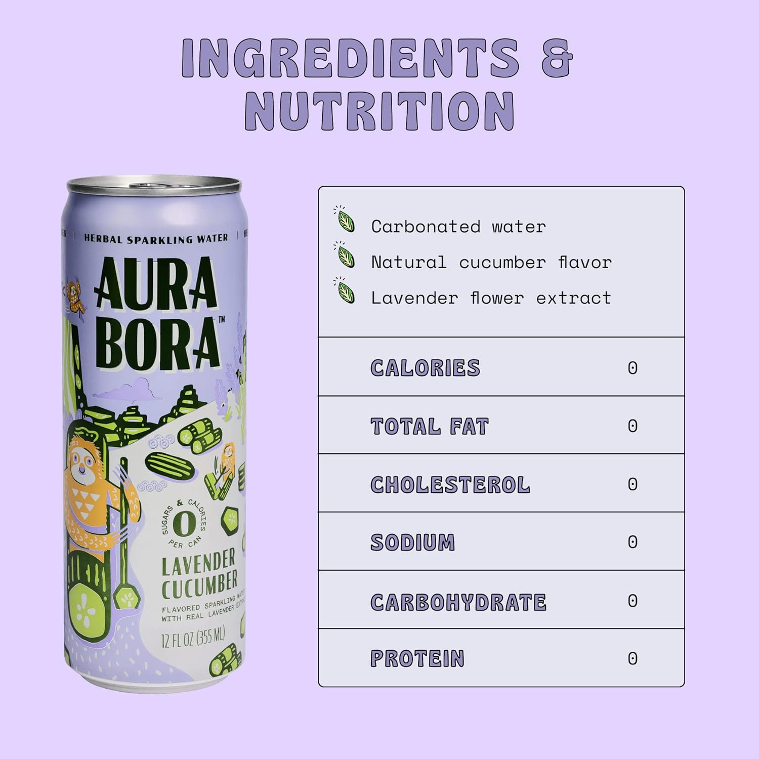 Lavender Cucumber Herbal Sparkling Water by Aura Bora, 0 Calories, 0 Sugar, 0 Sodium, Non-GMO, 12 oz Can (Pack of 12)