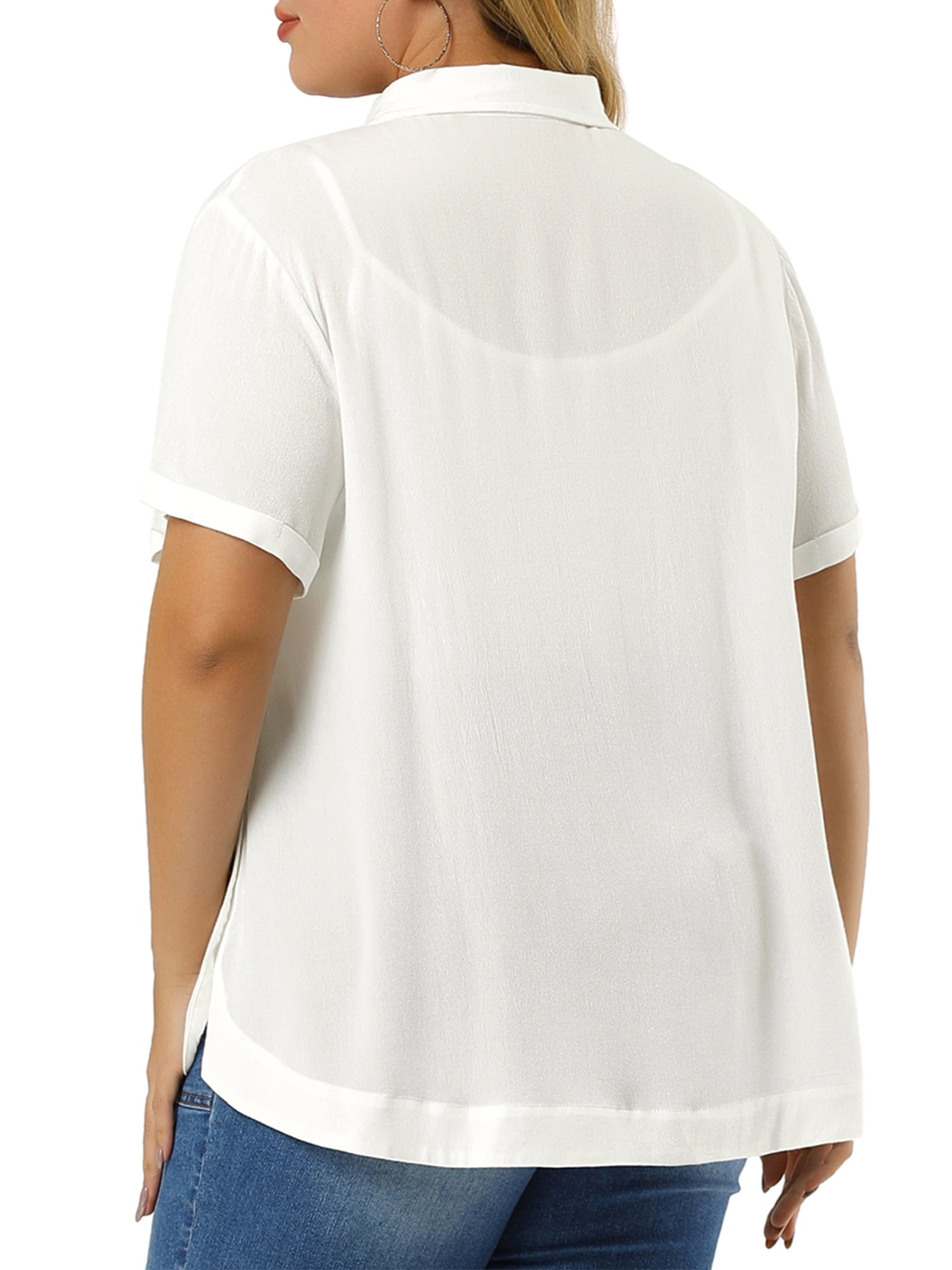 Unique Bargains Juniors' Plus Size Side Slit Roll Up Sleeve Button Front Shirts 4X White