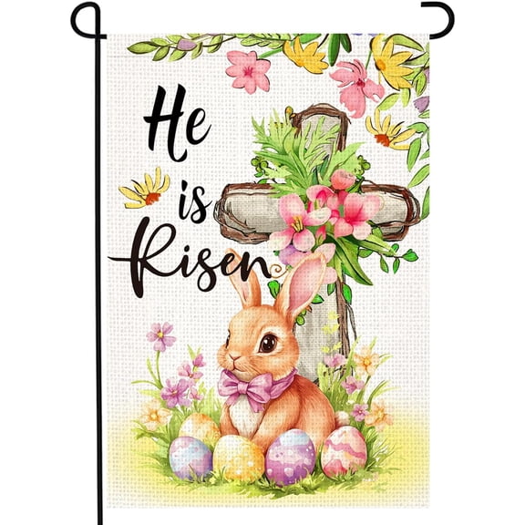 Easter Eggs Bunny Christian Garden Flag He Is Risen 12x18 Inch Double Sided Cross Floral Small Yard Flag for Outside Decor