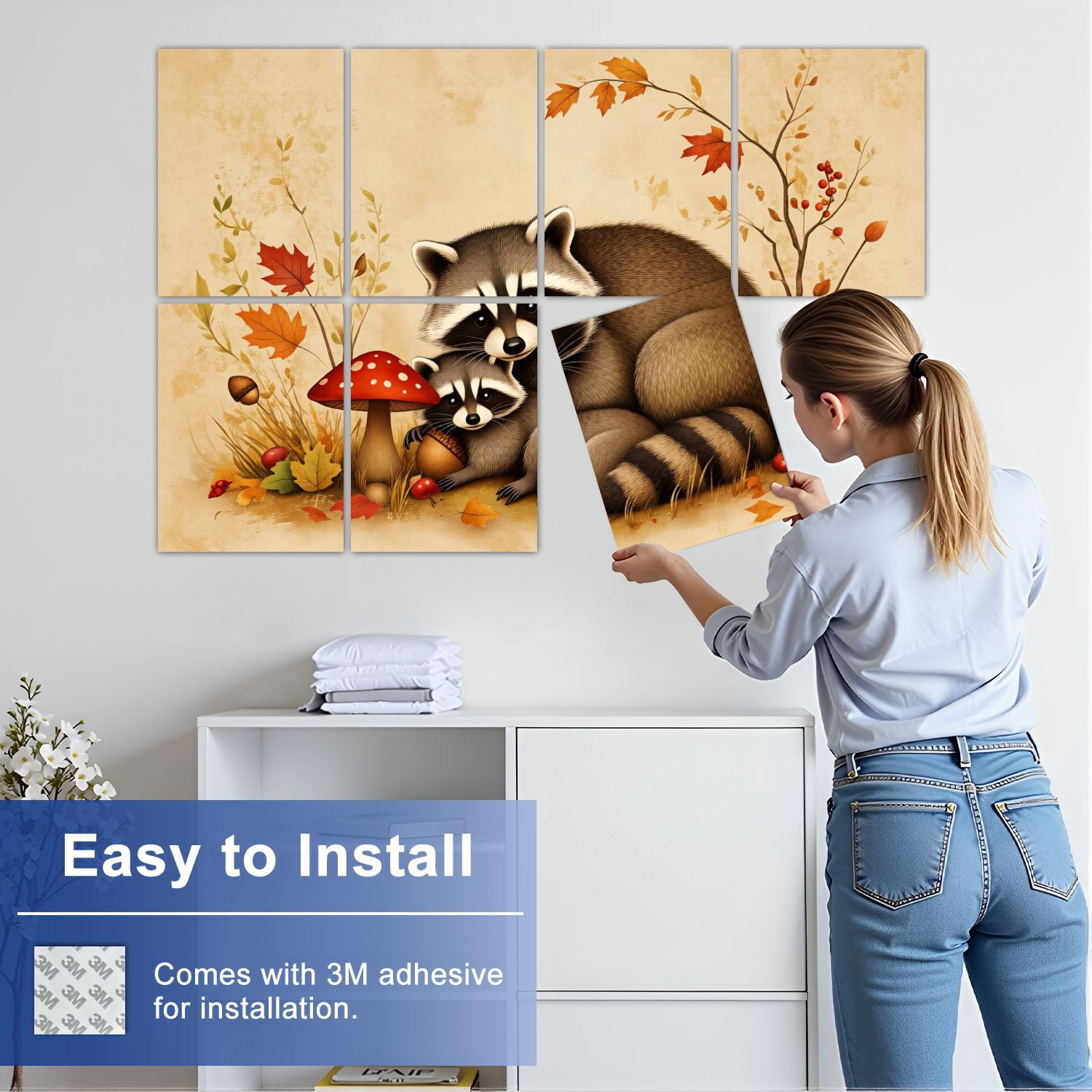 8 Pack Art Acoustic Panels Sound Absorbing Mother Baby Raccoons Autumn Decorative Soundproof Wall Panels Self Adhesive for Nursery Game Room Bedroom 48"x32"