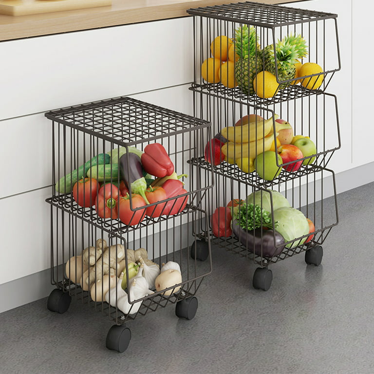 1Easylife 3-Tier Fruit Basket, Metal Wire Basket Cart with 2 Free Baskets, Black