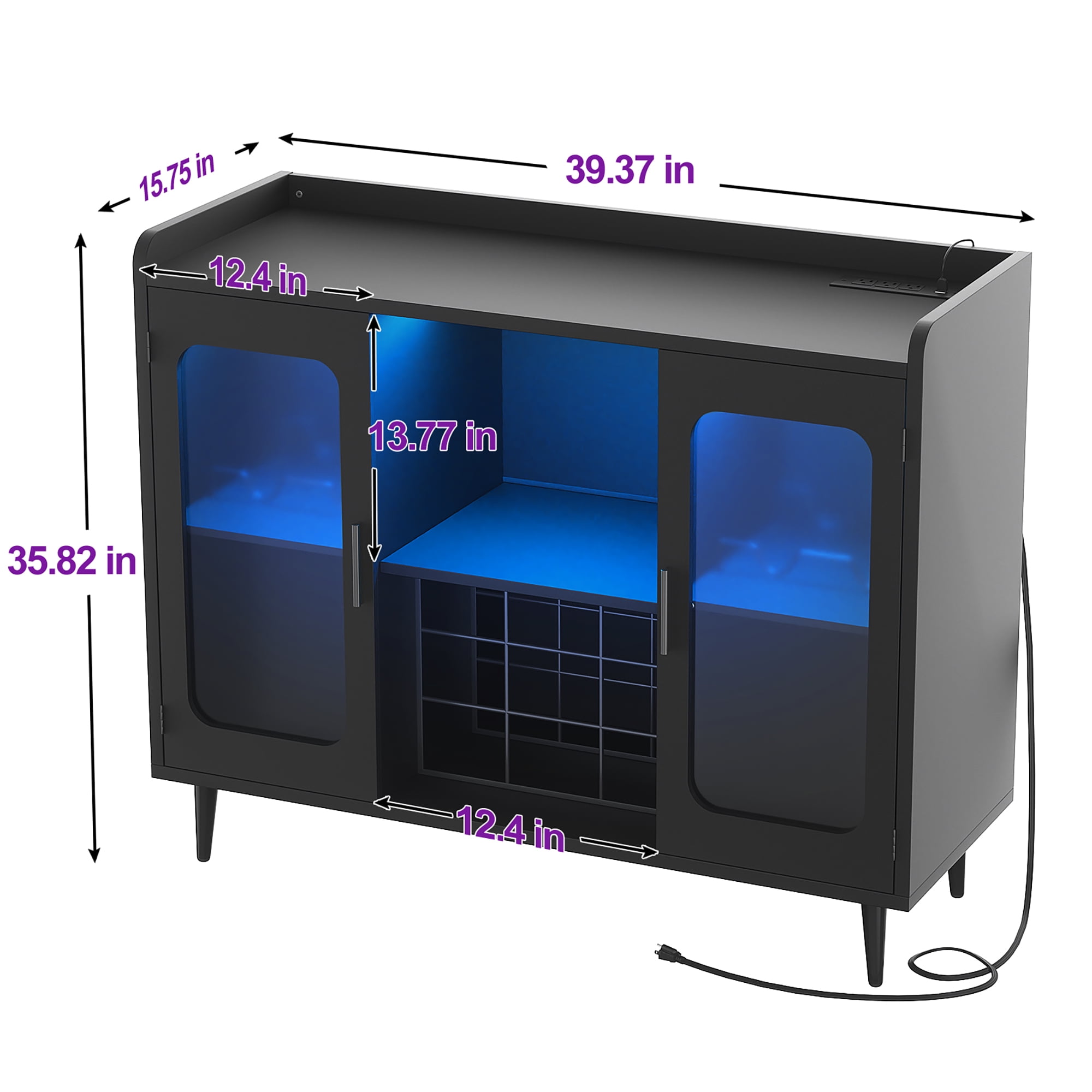 Homieasy Assembled Wine Bar Cabinet with Power Outlet and LED Lights, Wood Black