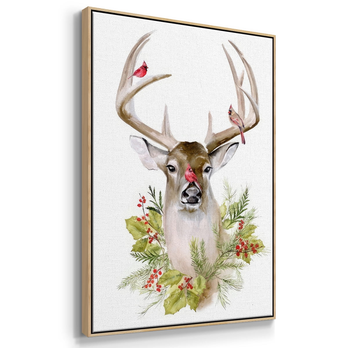 Holiday Deer Collection B - Framed Gallery Wrapped Holiday Canvas - 17 x 25 - Natural Wood Frame