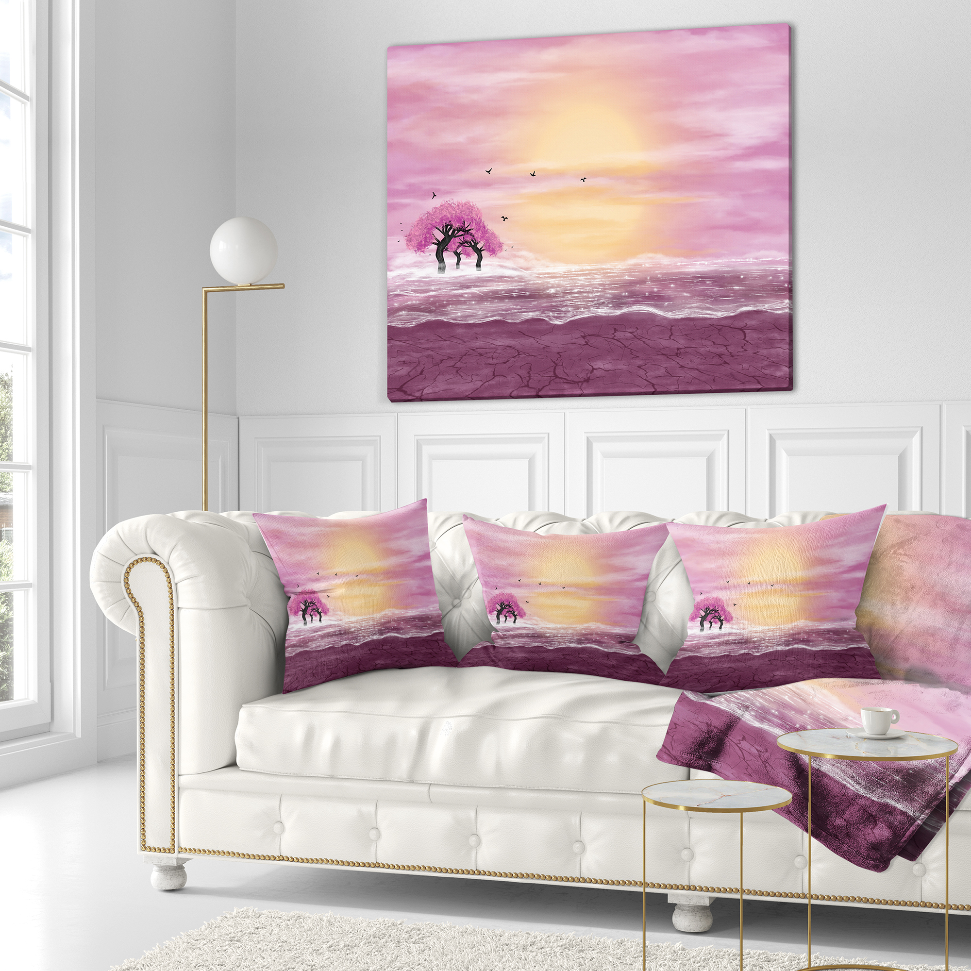 Designart Water and Pink Trees in Desert - Landscape Printed Throw Pillow - 18x18