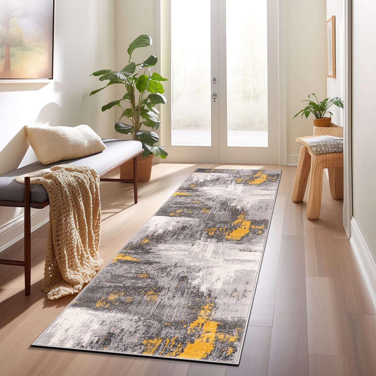 World Rug Gallery Bari Contemporary Abstract Art Area Rug - Yellow 2'x7'