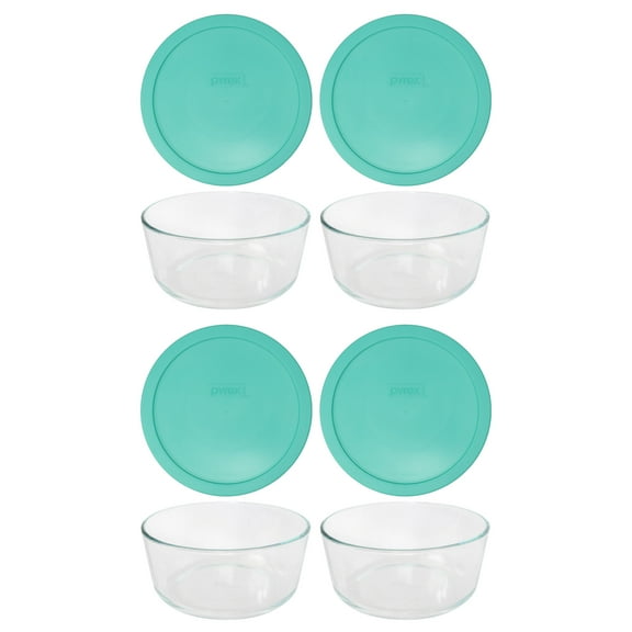 Pyrex 7203 Round Glass Food Storage Bowl w/ 7402-PC Light Green Plastic Lid Cover (4-Pack)