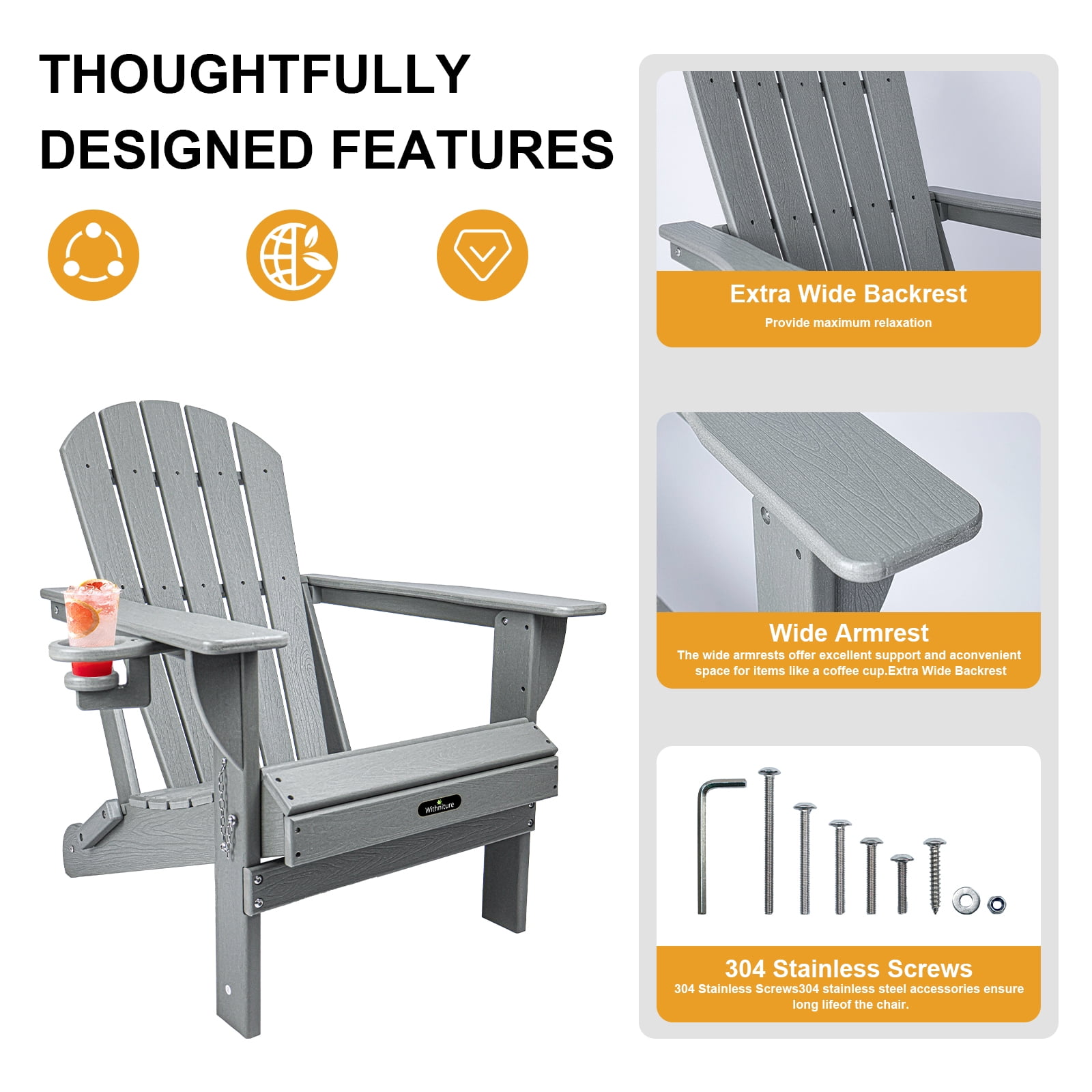 Withniture Folding Adirondack Chair, All-Weather HDPE Patio Chair with Cup Holder, Fire Pit Chair for Patio Lawn Garden Backyard Deck,Grey
