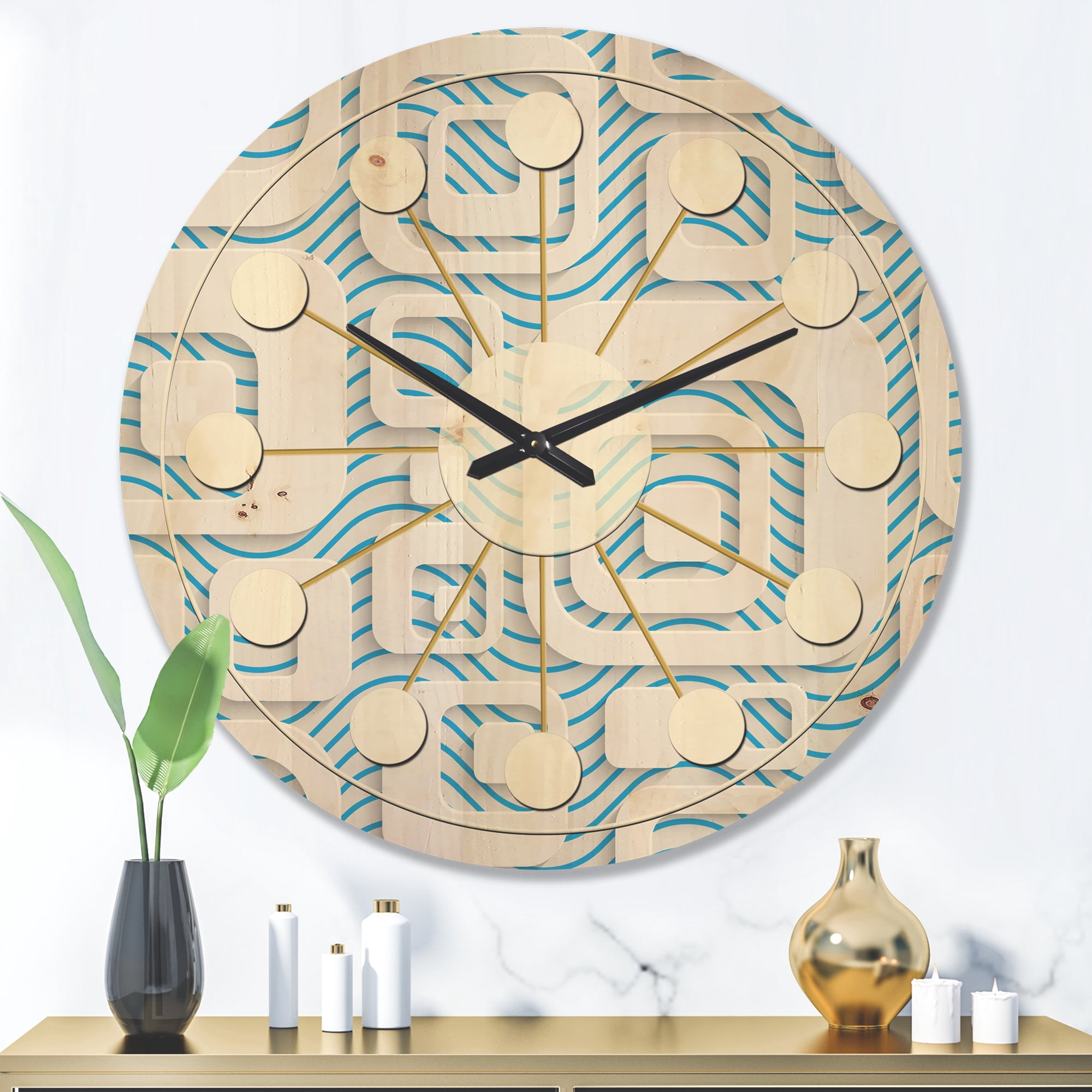 Designart '3D Blue and White Pattern I' Mid-Century Modern Wood Wall Clock